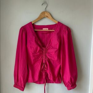 KITRI Ruched Cotton Blouse Top Fuchsia Pink